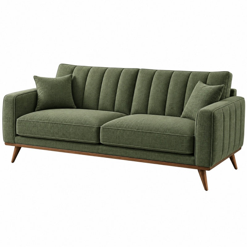Sofa trzyosobowa 210 x 90 x 85 cm z tkaniny zielona - styl retro z drewnianymi nogami