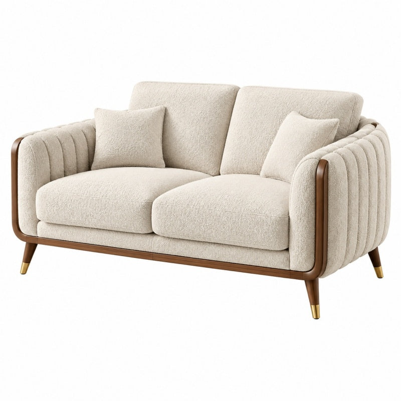 Sofa dwuosobowa 160 x 85 x 82 cm kremowa z tkaniny bouclé i drewna - nowoczesna