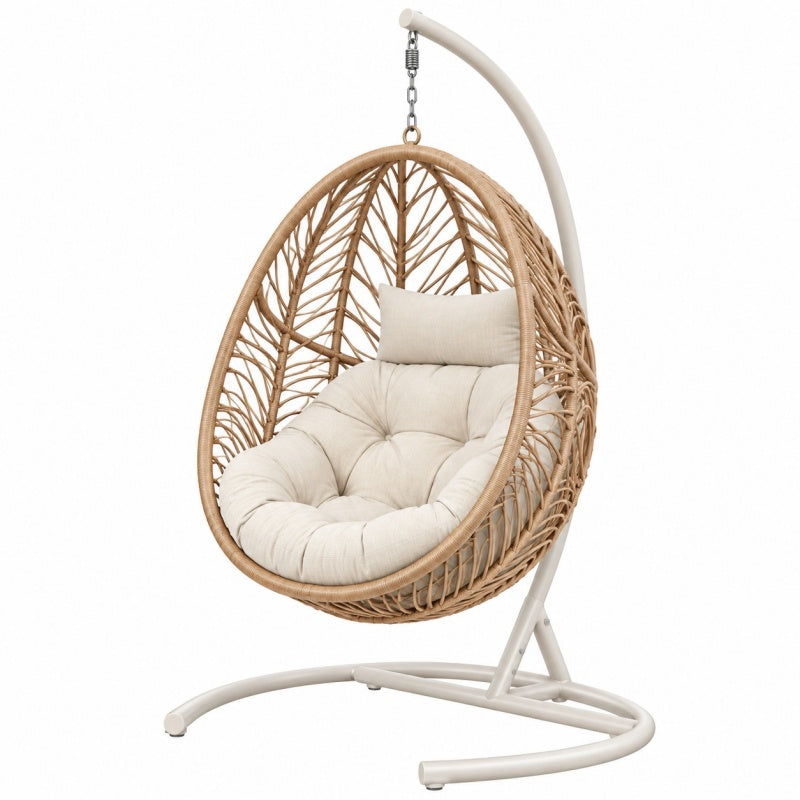 Fotel wiszący ogrodowy 105 x 105 x 195 cm z rattanu naturalnego beżowy na stalowym stelażu