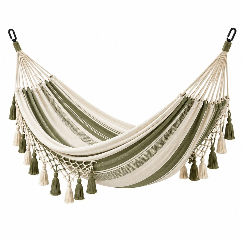 Hamak 200 x 100 cm z tkaniny kremowy oliwkowy w stylu boho do wypoczynku